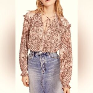 🐚 Free People Little Runaway Peasant Blouse Brown Floral Sand Combo small